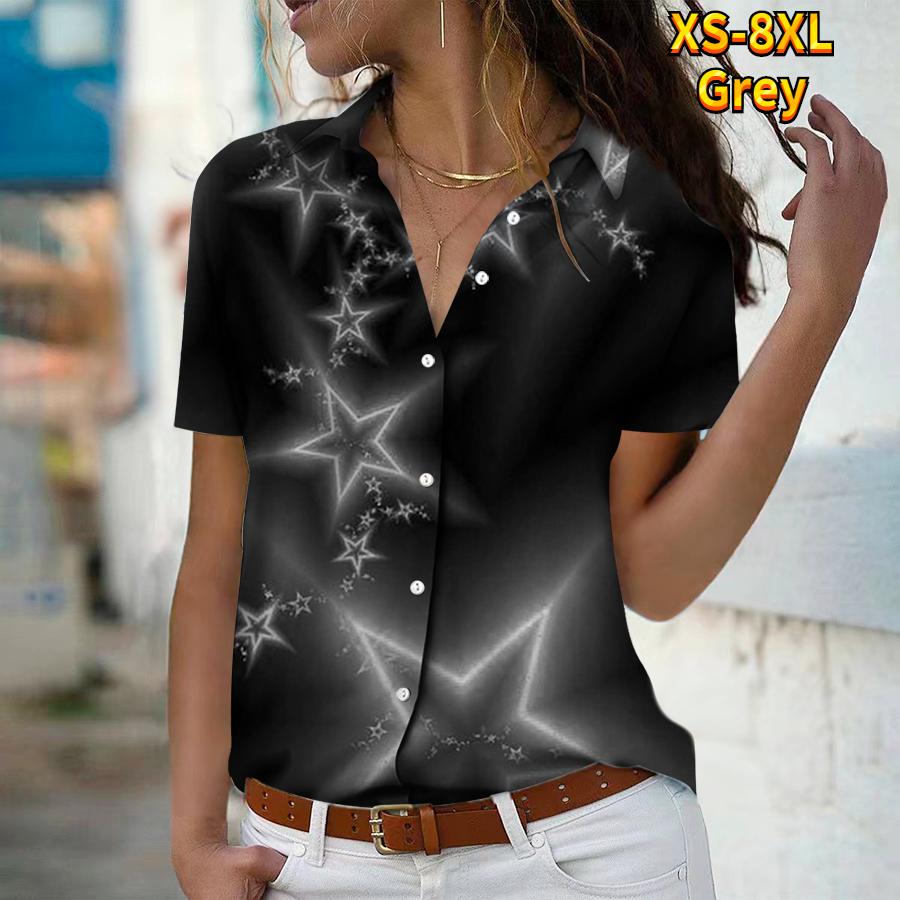 

2025 Лето Новая Мода Женская Рубашка с Коротким Рукавом и V-образным Вырезом Повседневная на Пуговицах Топ с Принтом Звезд 8XL серый