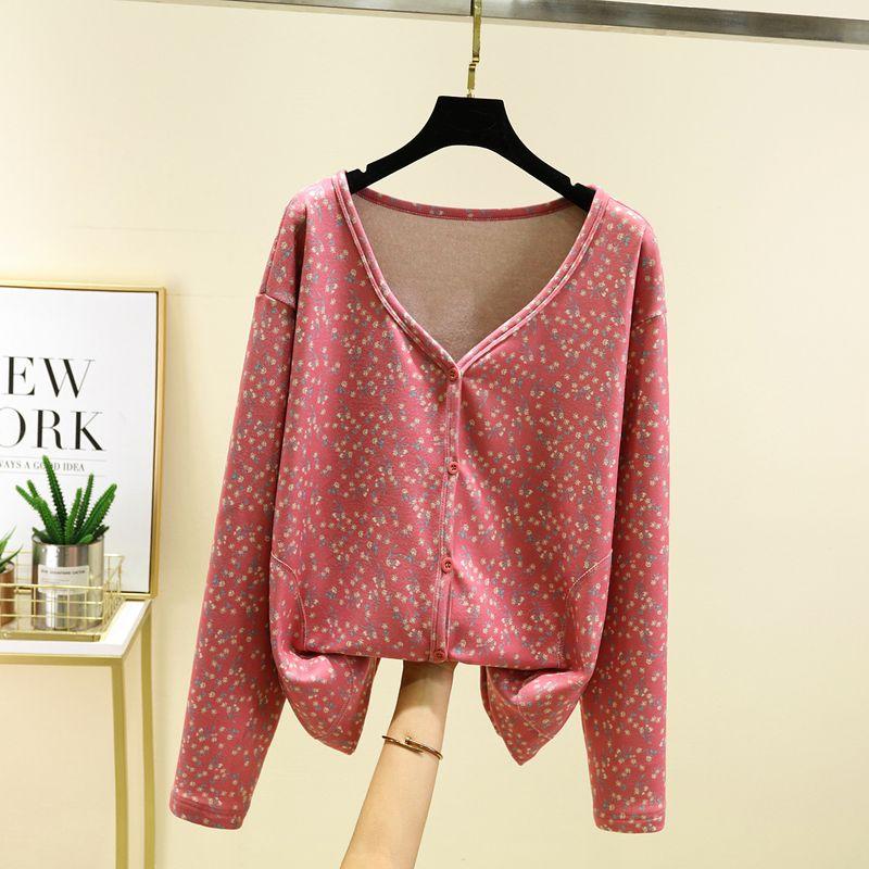 

Autumn and Winter Floral Short coat Women Dralon Cold-Proof Buckle Cardigan All-Match Outer Wear Plus size Thickened Warm Home Top Skin pink flower XL (recommended 40.00 kg-60.00 kg