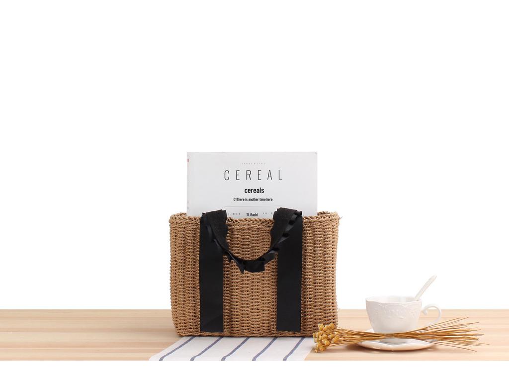 Women's Casual Beach Tote: Solid Color Handheld Paper Rope Bag with Ribbon Handle