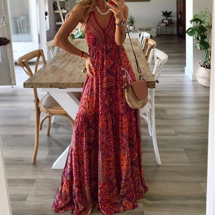 Women's Bohemian Floral Printed V-neck Long Skirt High Waisted Camisole Dress New Style