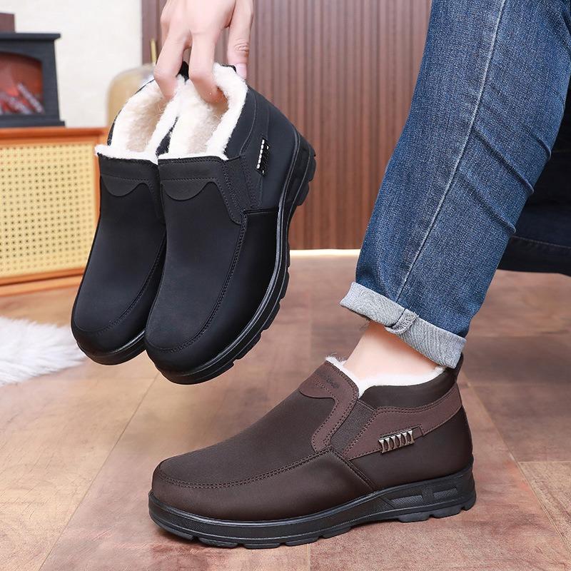 Men's Genuine Sheepskin Winter Boots Beijing Style, Slip-Resistant Wide Width Available, Plush Lined Warm Slippers for Elderly Men