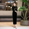 1011 New Chinese-style black velvet embroidered cheongsam women's long-sleeved slim and thin elegant temperament cheongsam daily