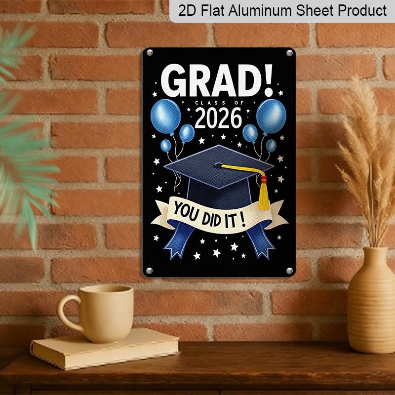 2D Flat, 1pc "GRAD! Class of 2026" Graduation Plaque - Black & Blue Graduation Decor Sign with Cap & Balloons, Black & Blue - Aluminium Wall Hanging