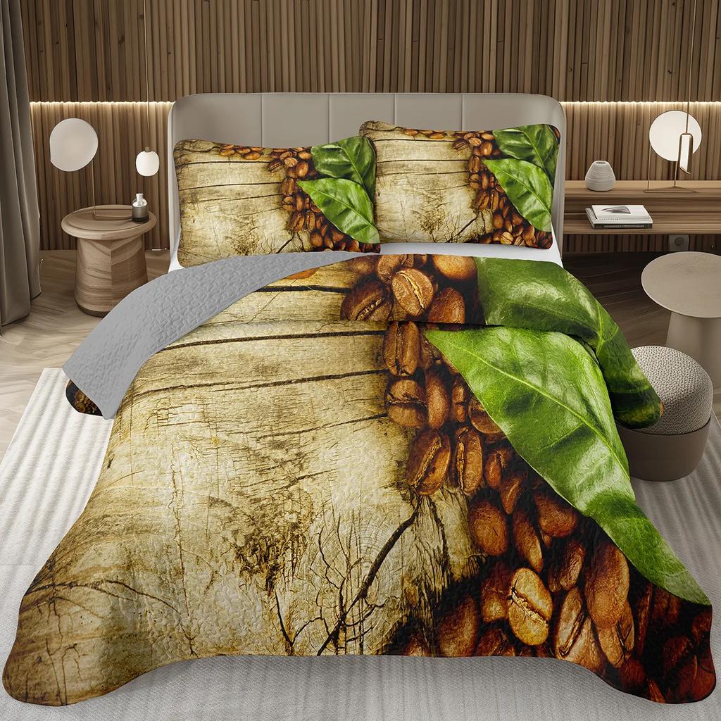 Single Twin Full Queen King Bedspread Set Coffee Bean Coverlet Set,Coffee Theme Bedding Set Coffee Lovers Gifts Room Decorations