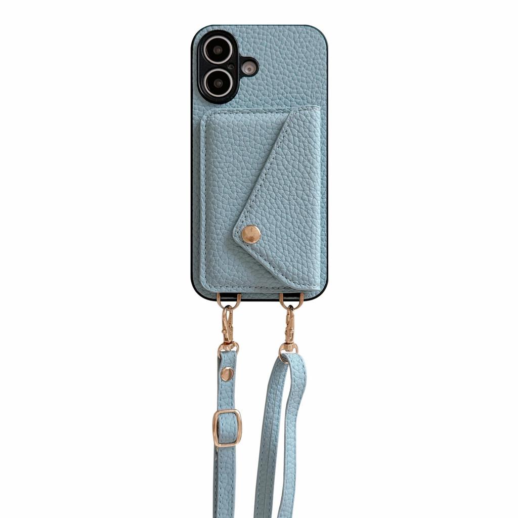 iPhone 17 Case: Lychee Pattern Leather Crossbody Lanyard Card Holder Protective Case for Apple 14 Pro