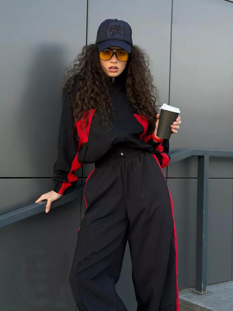 FLARORA Mode Color-Blocking 2-teilige Sets Damen Langarm Reißverschluss Lockere Jacken und Gerade Bein Hosen Outfits Street Trainingsanzüge