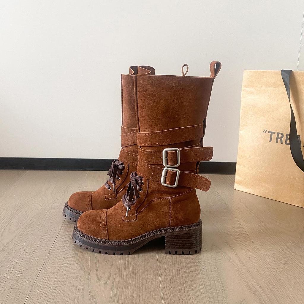 Autumn 2025 Genuine Leather Retro Mid-Calf Buckle Boots - Western Chunky Heel Motorcycle Style