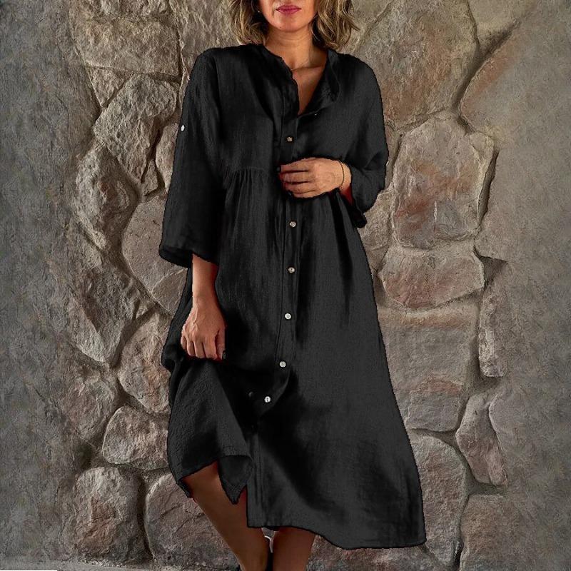 BITCED Women's Cotton Linen Solid Colour Casual Stand Collar Button Up Long Dress