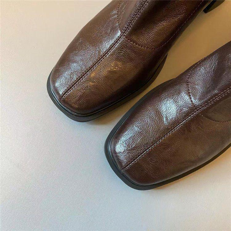 French Soft Leather Chunky Heel Women's Ankle Boots - Retro Square Toe, High Heel, Elastic Slimming, Plus Velvet, Autumn/Winter 2025 Collection.