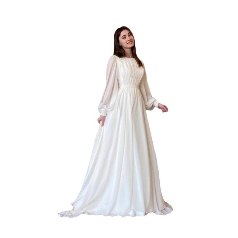 Frühling und Herbst Damen Laternenärmel Perlengaze Weißes Hochzeitskleid Rundhalskleid Langarmkleid