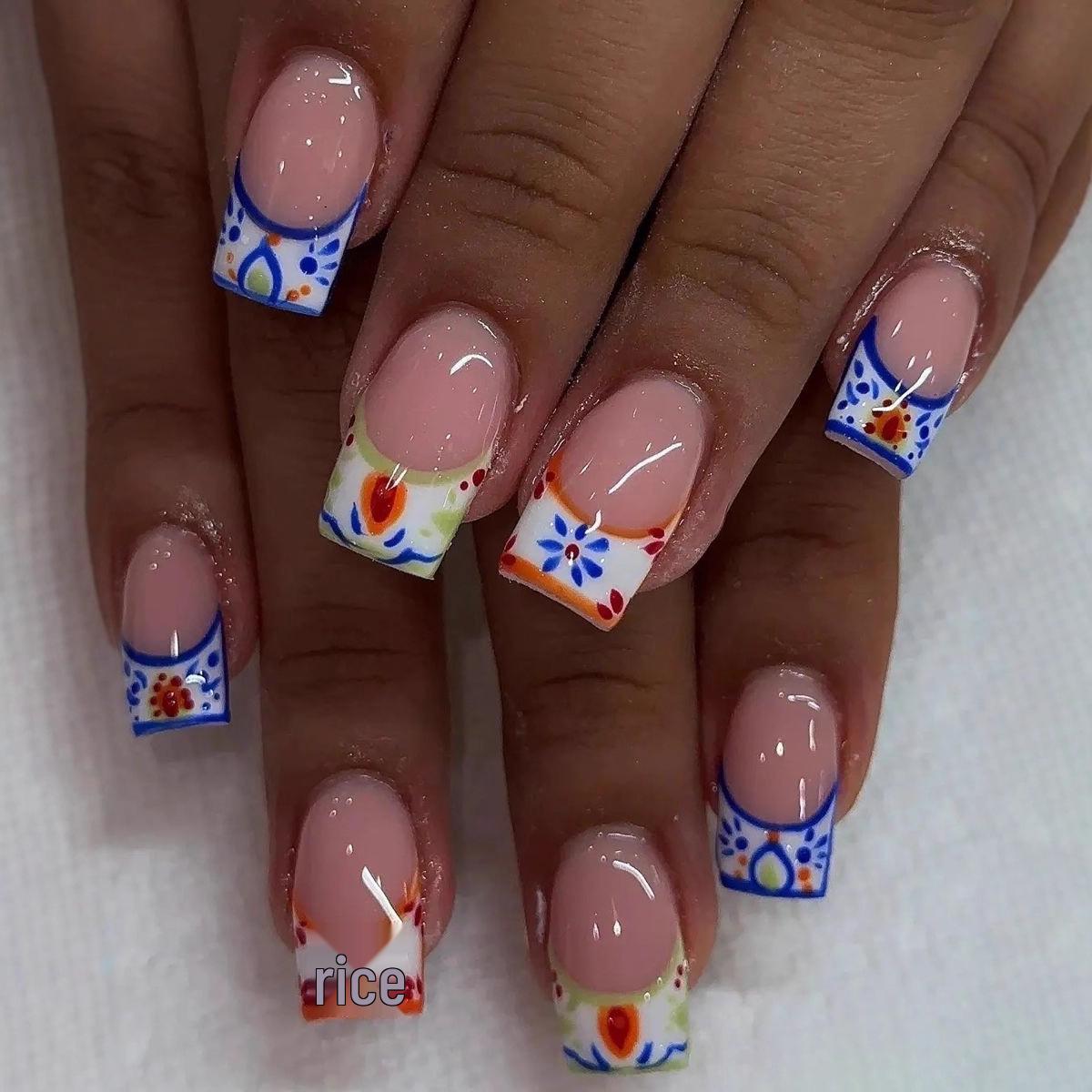 French Floral Geometric Nail Art Stickers - Removable & Wearable False Nails
