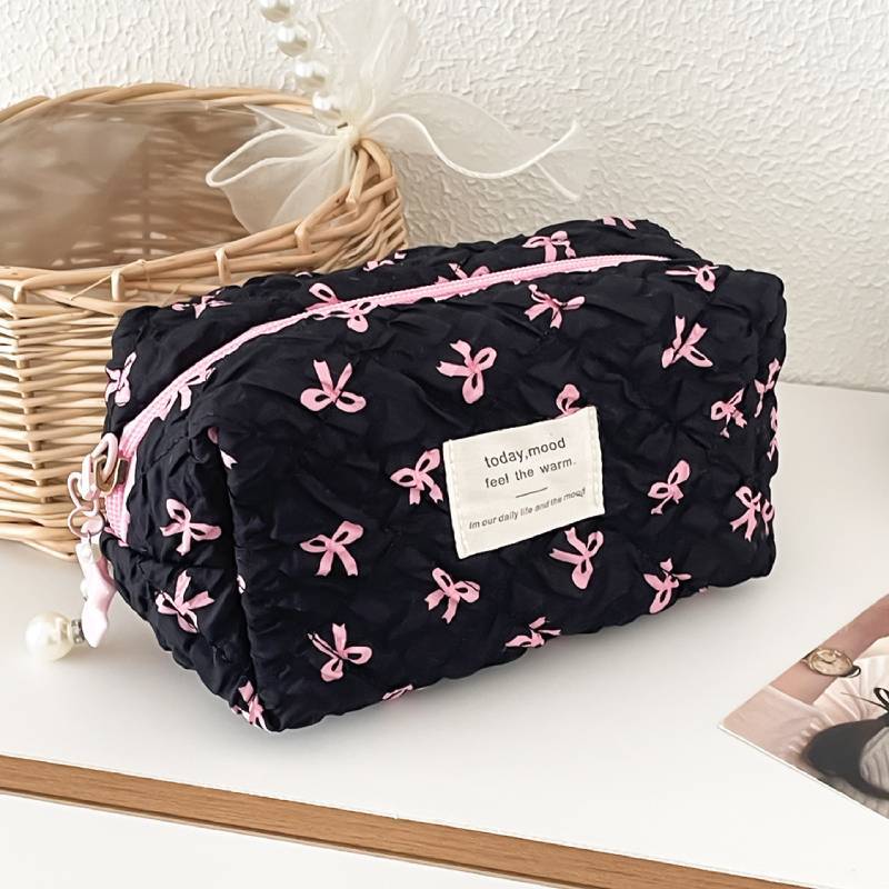Minimalist Fabric Makeup Bag With Wrinkle Bows For Travel And Daily Use