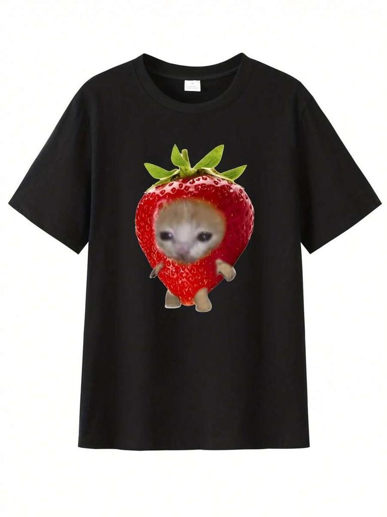 Cute Funny Cartoon Strawberry Cat Graphic Print Unisex T-Shirt