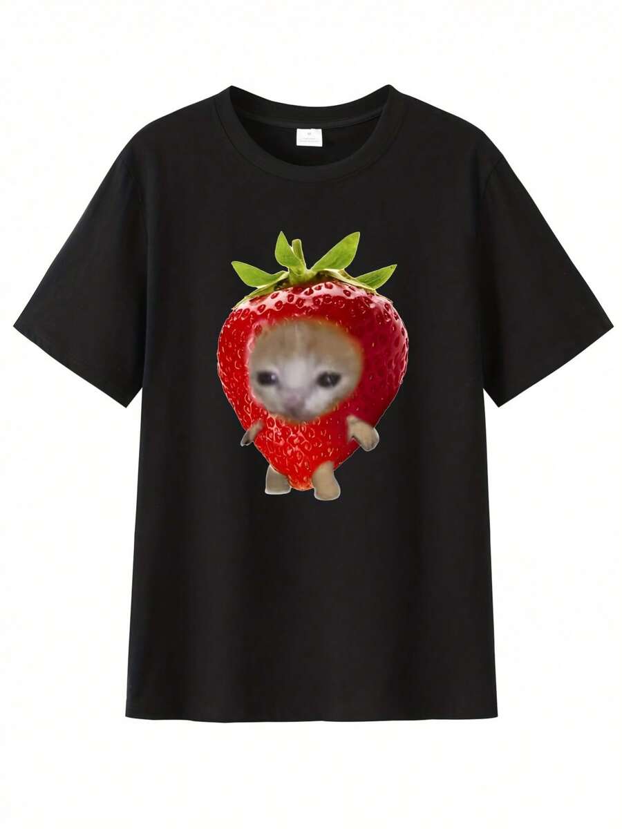 Cute Funny Cartoon Strawberry Cat Graphic Print Unisex T-Shirt M