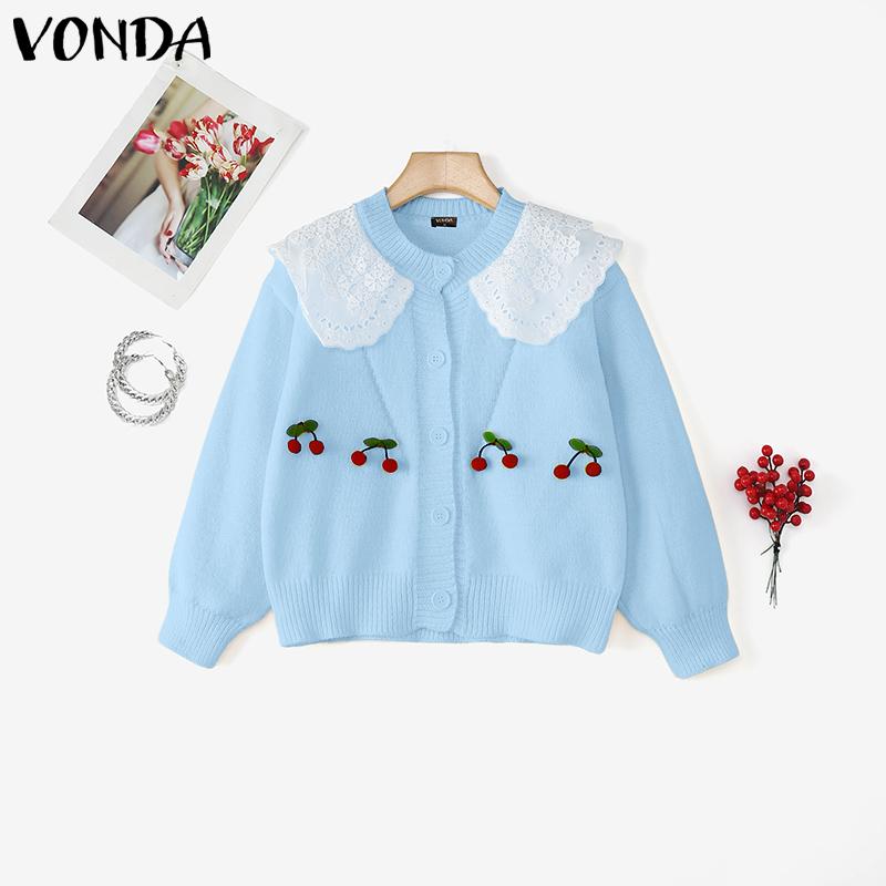 VONDA Oversized Women Long Sleeve Lace Splicing Casual Loose Knitted Sweaters