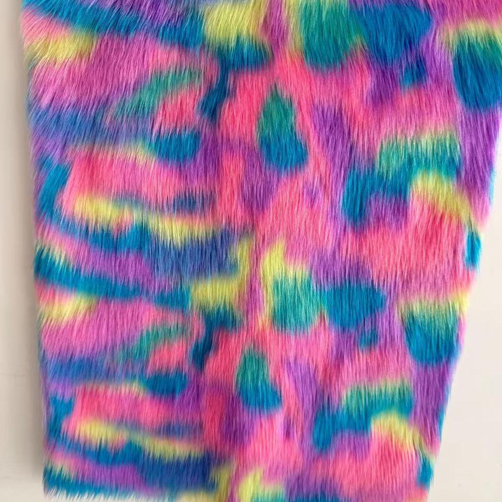 Gradient Five-Color Jacquard Faux Fur Tencel Fabric with Flocked Long Pile and Perforated Grid Design
