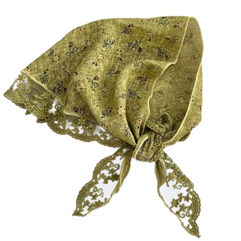 Elegant Lace Trim Floral Triangular Scarf Lightweight Polyester Neckerchief Stylish Head Wrap Bandana For Women