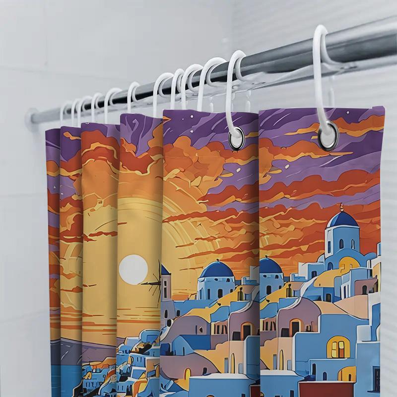 Colorful Sunset View of Mediterranean Coastal Town - Artistic Shower Curtain for Home Decor Waterproof  Durable  Non Transparent