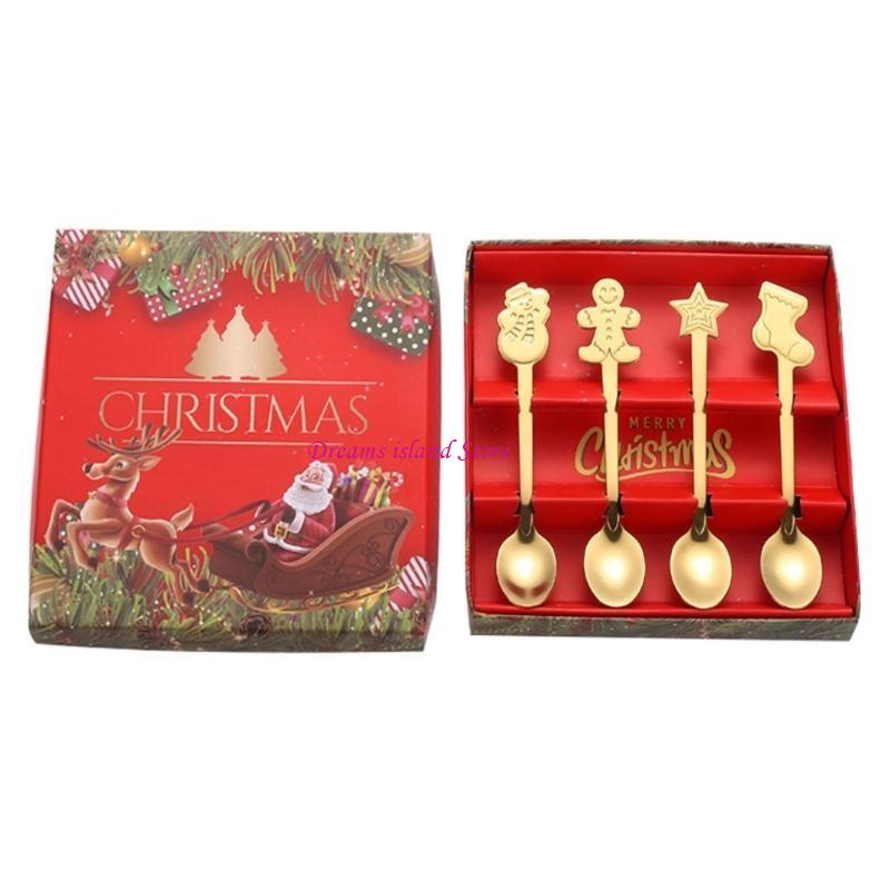 4Pieces Ice Cream Spoons Stirring SpoonS Christmas Themed Stainless Steel Material Coffee Spoons Dessert Spoons 4 Colors HX6C