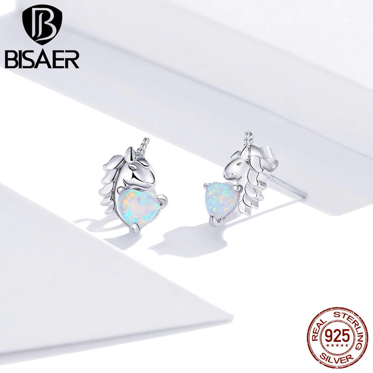 

BISAER стерлингового серебра 925 пробы с опалом красочные милые пони маленькие серьги-гвоздики свадебные украшения серебряный