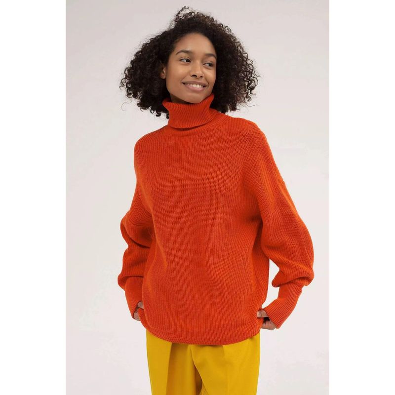 

Fashion Wind New Arrival Autumn and Winter Solid Color Turtleneck Sweater Loose Knitwear Turtleneck Loose Sweater Orange Red L