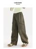 Tao Town Girls' Army Green Denim Scimitar Wide-Leg Cargo Pants - Spring/Autumn Casual Long Pants for Older Children