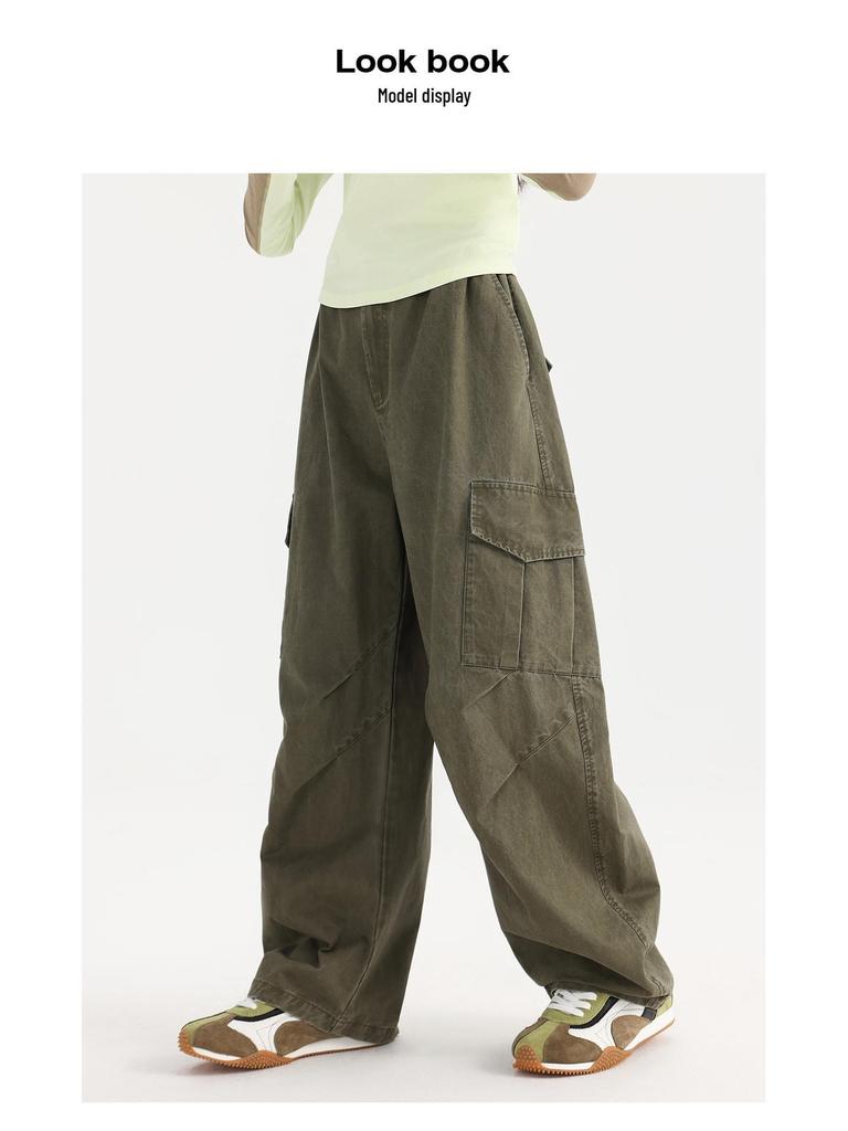 Tao Town Girls' Army Green Denim Scimitar Wide-Leg Cargo Pants - Spring/Autumn Casual Long Pants for Older Children