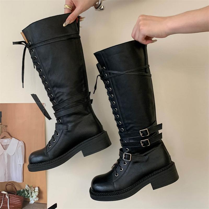 Eilyken Fashion Punk Style Cross-Strap Round Toe Knee High Boots Women Belt Buckle Zipper Square Heels Designer Shoes