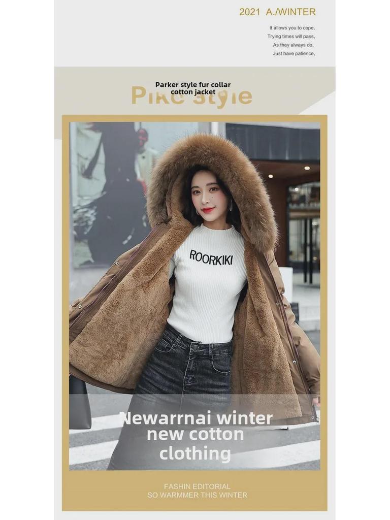 Women's Casual Mid-Length Korean Style Cotton Jacket with Fur Collar