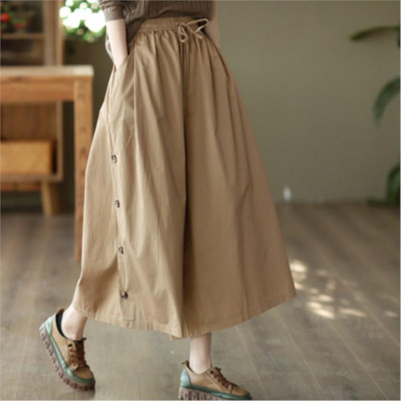 Johnature Women Vintage Loose Spring Wide Leg Pants Elastic Waist Cotton Belt Pockets Trouser Casual Pants