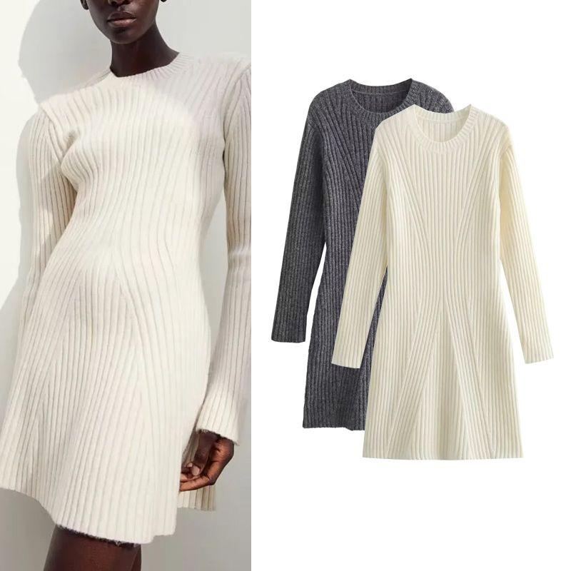 Fall and Winter New Arrival Base Sweater Dress Women's Sunken Stripe Textured Round Neck Long Sleeves Silm Knitting Dress 1191539