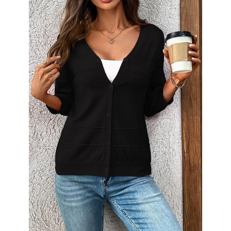 Cardigan da donna estate 2025, scialle sottile, manica a tre quarti, lavorazione a maglia traforata, scollo a V