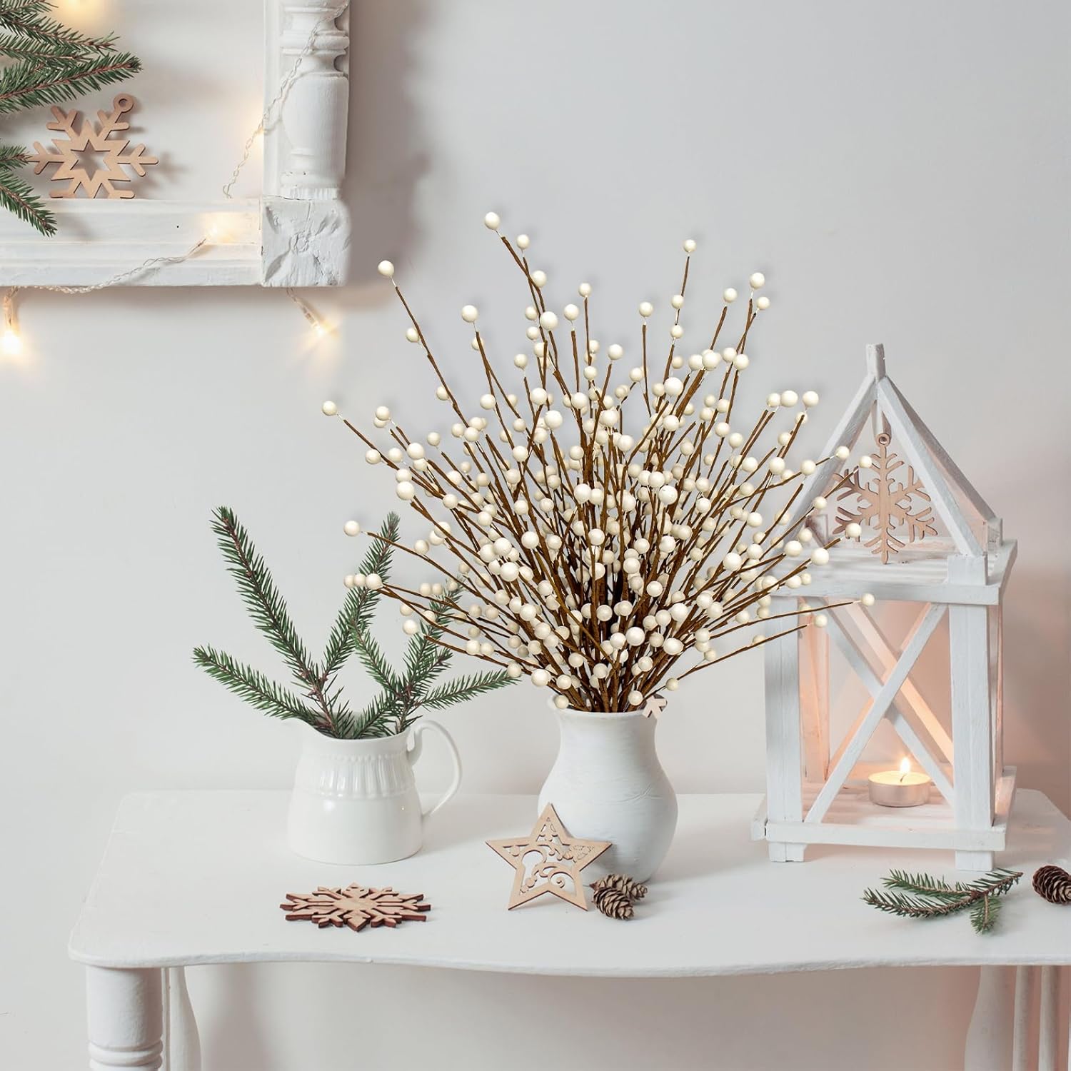 

24 Pack 17 Inch White Berry Stems with Holly Berries for Christmas Vase Filler 0.6M