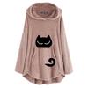 Damen Katzen Plüsch Oberteil mit einfarbigem bedrucktem lässigem Langarm-Kapuzenpullover