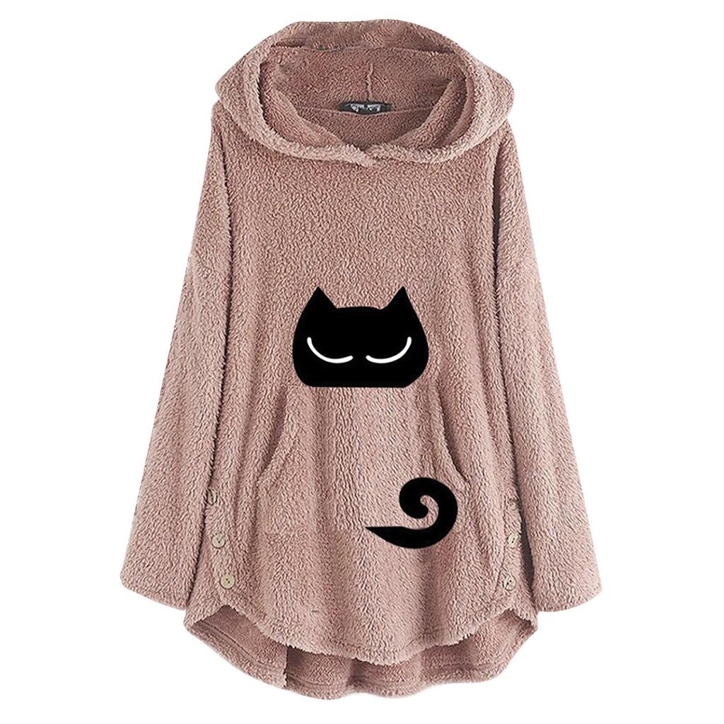 Damen Katzen Plüsch Oberteil mit einfarbigem bedrucktem lässigem Langarm-Kapuzenpullover