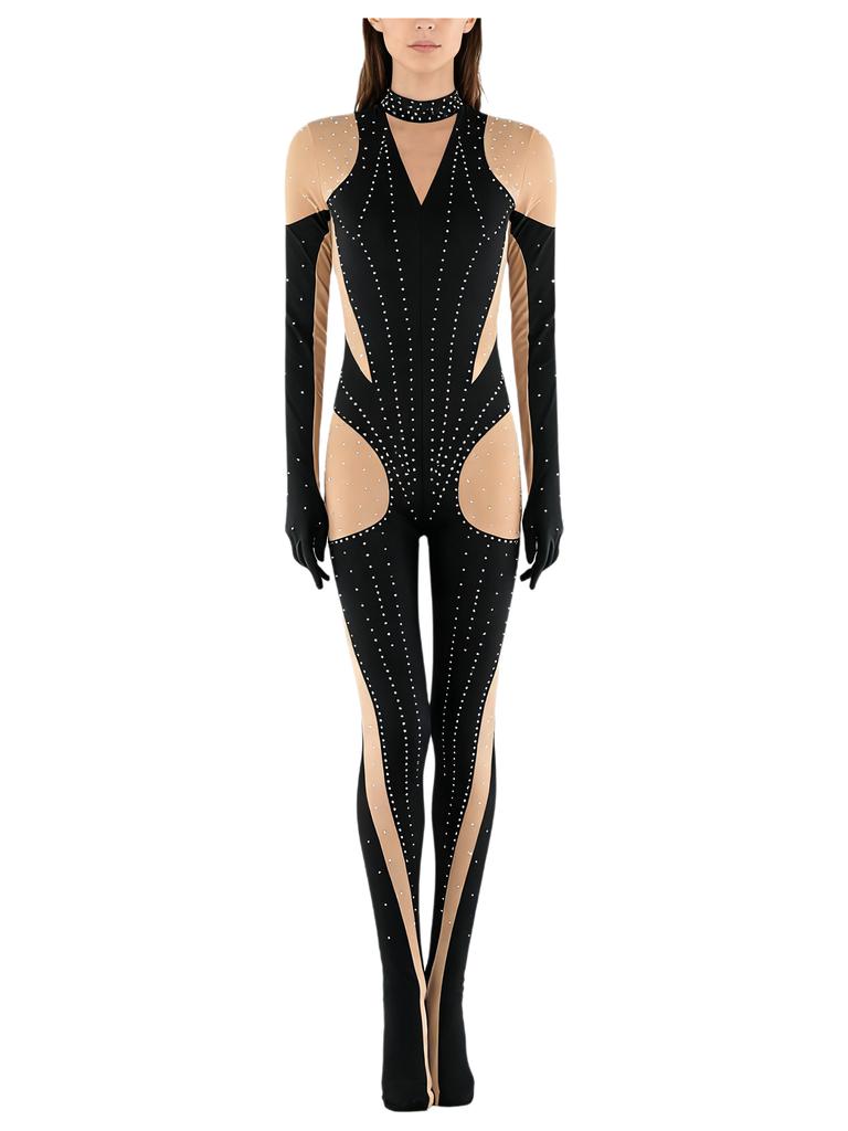 Unitard Lucios cu Strass-uri pentru Gimnastică Feminină, cu Mâneci Lungi și Mănuși, cu Picior, Culoare Contrastantă, Body pentru Patinaj Artistic