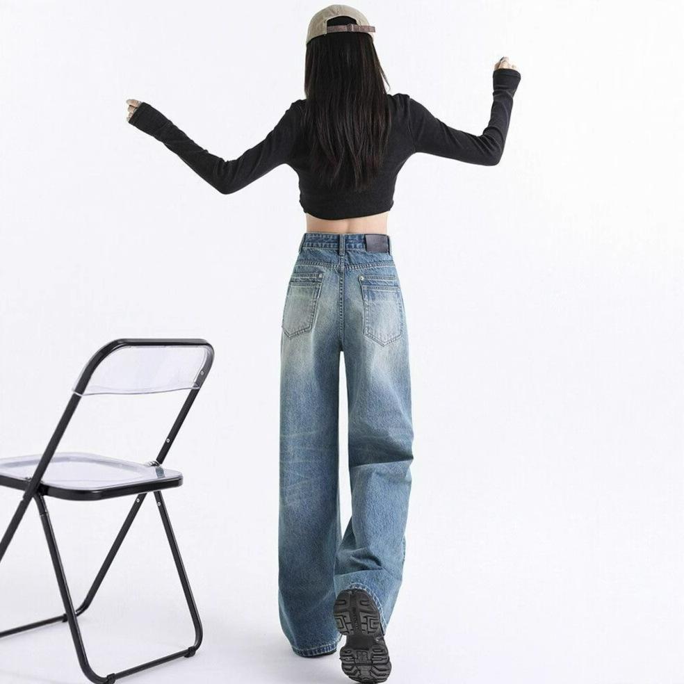 Comfortable Washed Design Sense Wide Leg Jeans Women High Waist Large Yards Do Old Loose Straight Long Trousers Jeans for Women Long Denim Pants