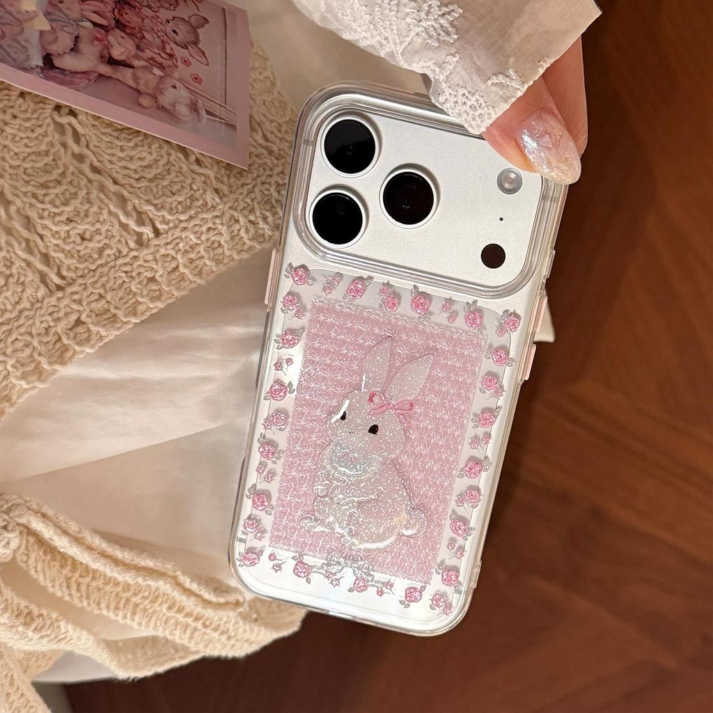 Cute Rabbit Floral Glitter Case for iPhone 17, 16 Pro, 15, 13 - Transparent Cartoon Design