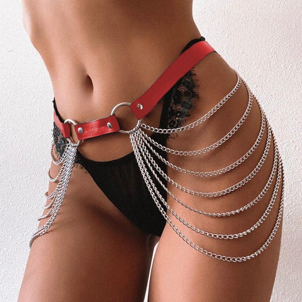 Uprząż na nogę dla kobiet Seksowny skórzany podwiązek na udo z łańcuchem Gotyckie egzotyczne akcesoria kostiumowe Modny skórzany pas biodrowy