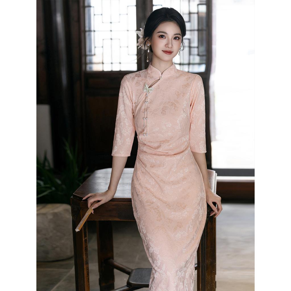 Spring and Autumn Casual Jacquard Dress Elegant Retro Cheongsam New Femininity Improved National Style Cheongsam Dress Pink