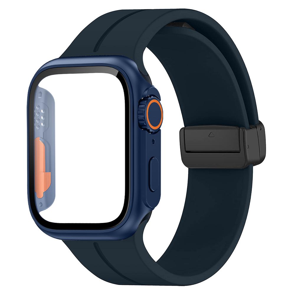 Glass+case+Strap For Apple Watch Band 44mm 45mm 41mm 40mm Magnetic Buckle Silicone Bracelet+cove iWatch Series 8 Se 7 6 5 4