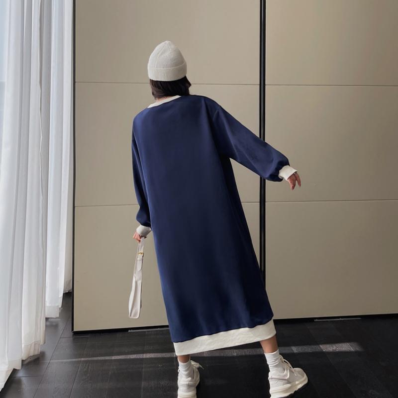 Autumn Winter Fashion Print Letter Fleece Long Dresses Women Round Neck Loose Casual Versatile Warm Simple Long Sleeve Dress