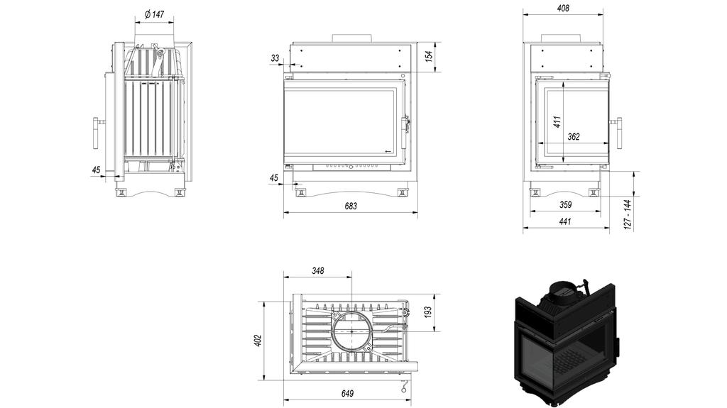 Cast iron fireplace KRATKI MAJA DECO left 8 kW Ø 150