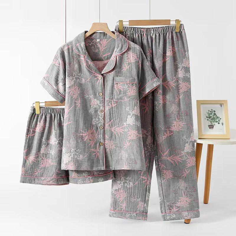 Pajamas women's retro long-sleeved trousers pure cotton double-layer cotton yarn-dyed spring and autumn simple skin-friendly casual loose loungewear