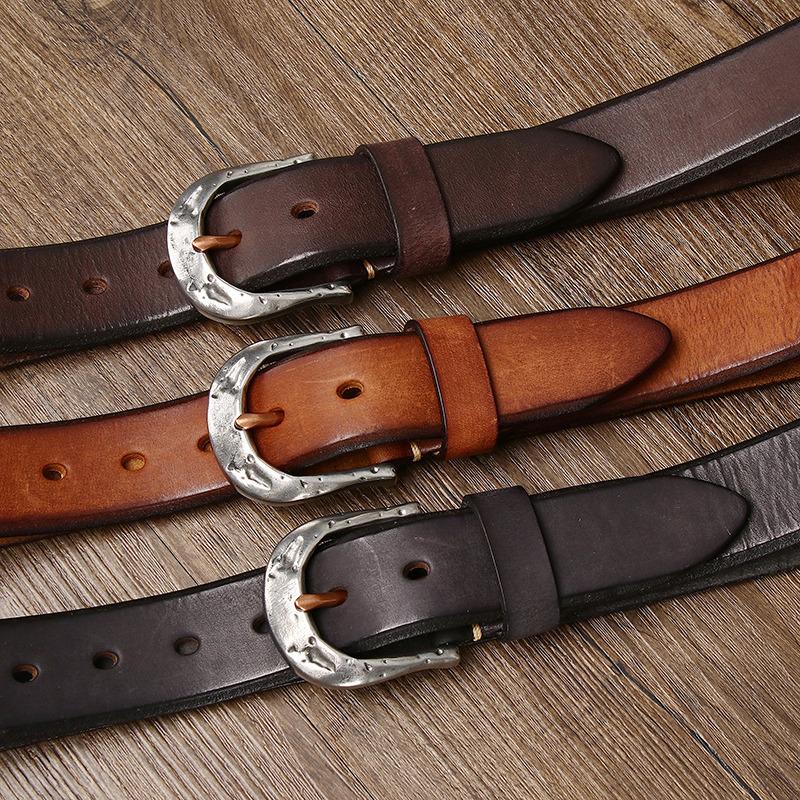 Men's Leather Belt Amekaji American Retro Manual Thickened First Layer Cowhide Stainless Steel Buckle Genuine Leather Belt Men's