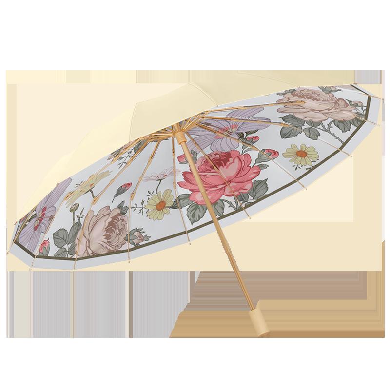 16-Bone three-fold sun umbrella, weather and rain retro wooden handle umbrella, color glue folding sunshade umbrella