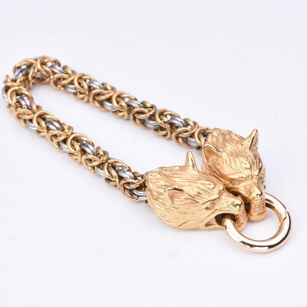 Pulsera de acero inoxidable con cabeza de lobo vikingo, pulsera de cadena de eslabones redondos, joyería de acero inoxidable para hombres