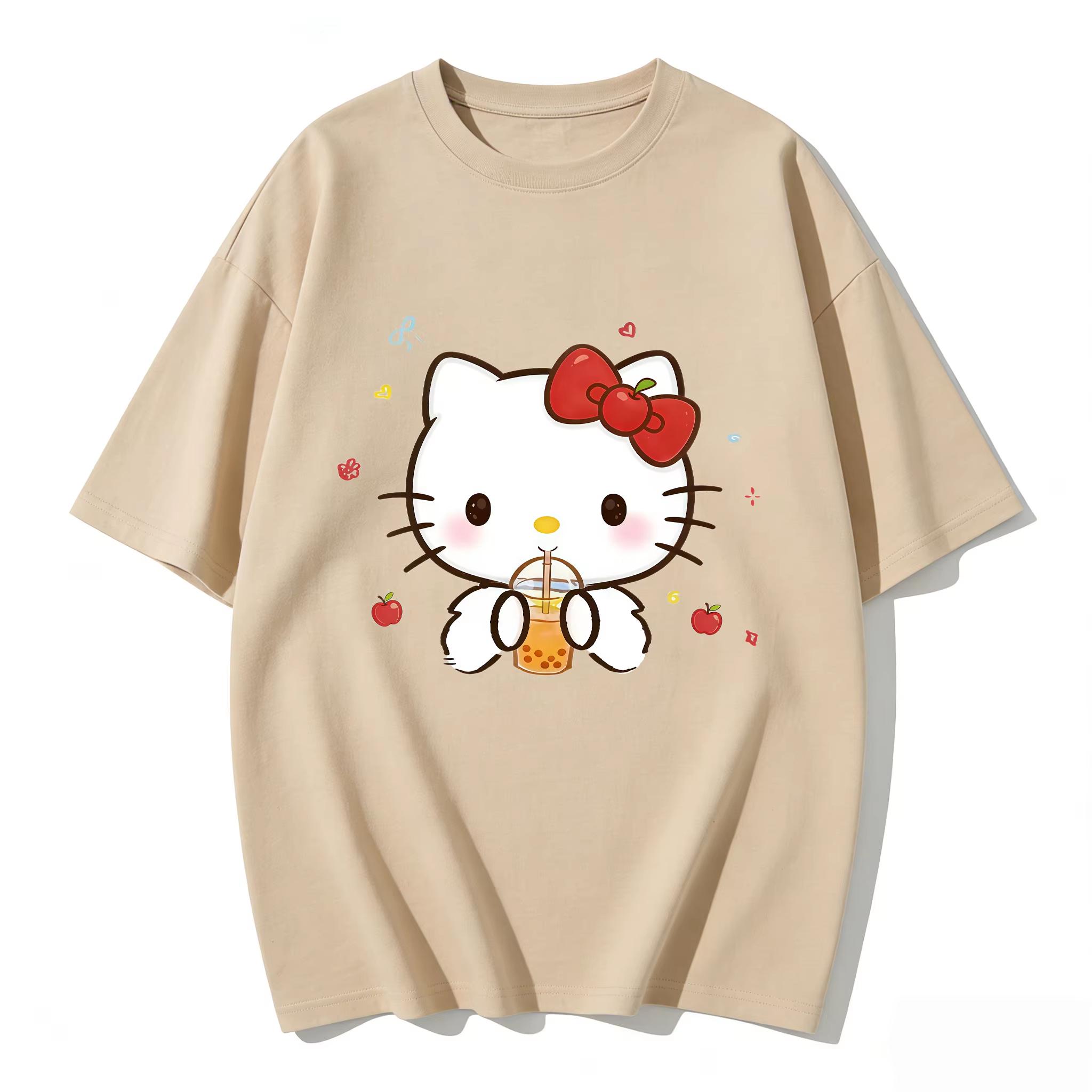 

2026 Summer Hello Kitty Cartoon Printed Short Sleeve Pure Comfortable summer Womens Tshirt loose and fashionable S