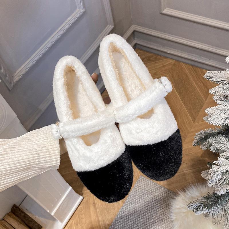 

Модные женские мокасины из меха смешанных цветов с круглым носком, ремешком на щиколотке, зимняя обувь, теплые пушистые лоферы, женские плюшевые хлопковые балетки, большой размер 43 4.5 белый