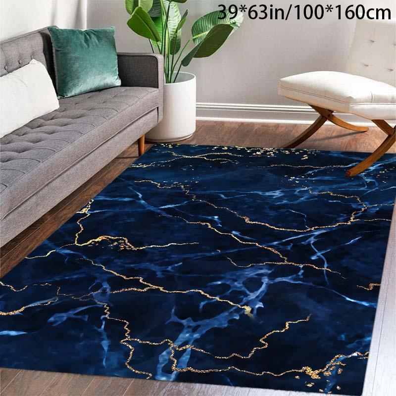 Luxurious Velvet Nordic Marble Area Mat Deep Blue Golden Veining Non Slip Backing Machine Washable Living Room Bedroom Office
